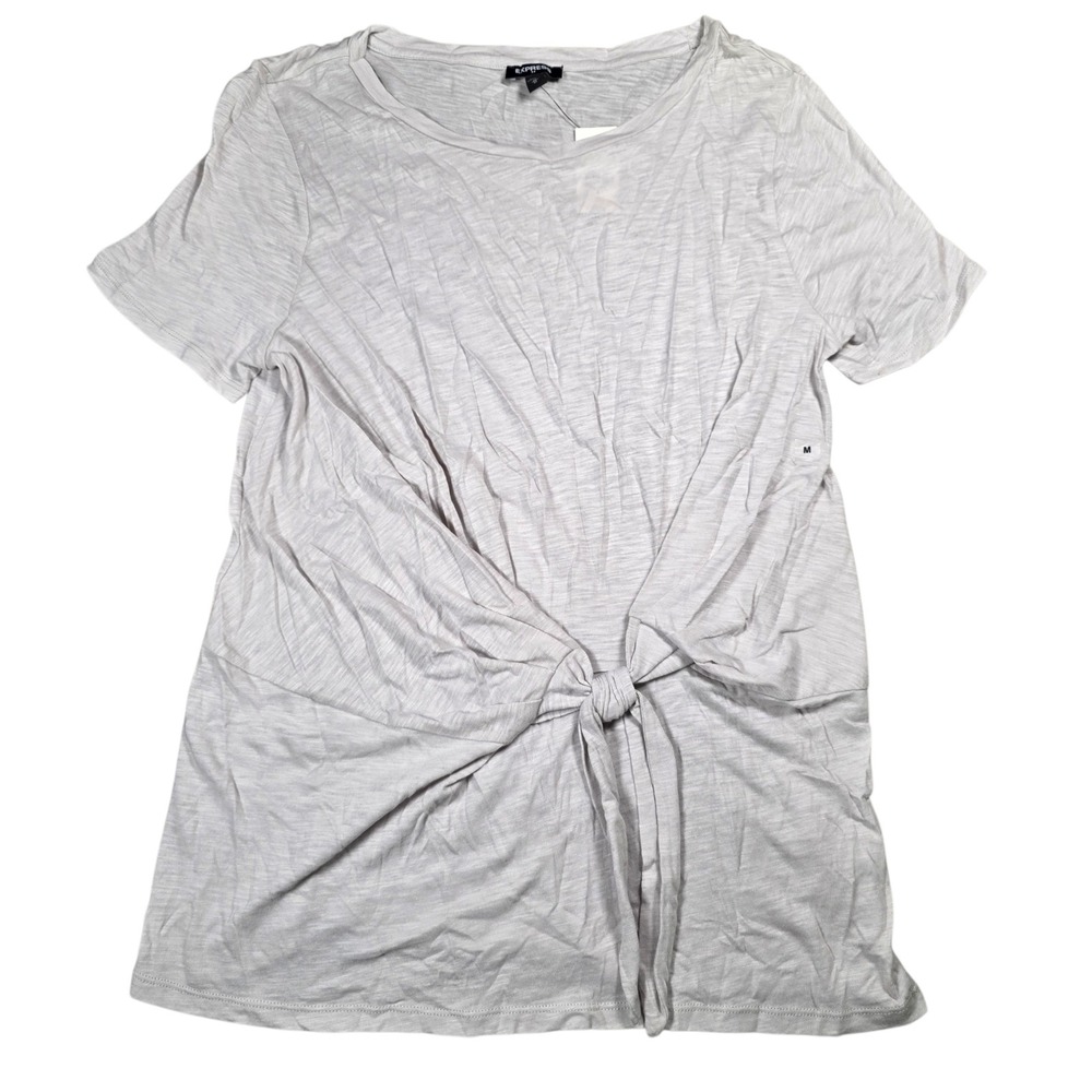Express Women Light Gray Front Tie Knot Short Sleeve Crew Neck Top Medium NWT